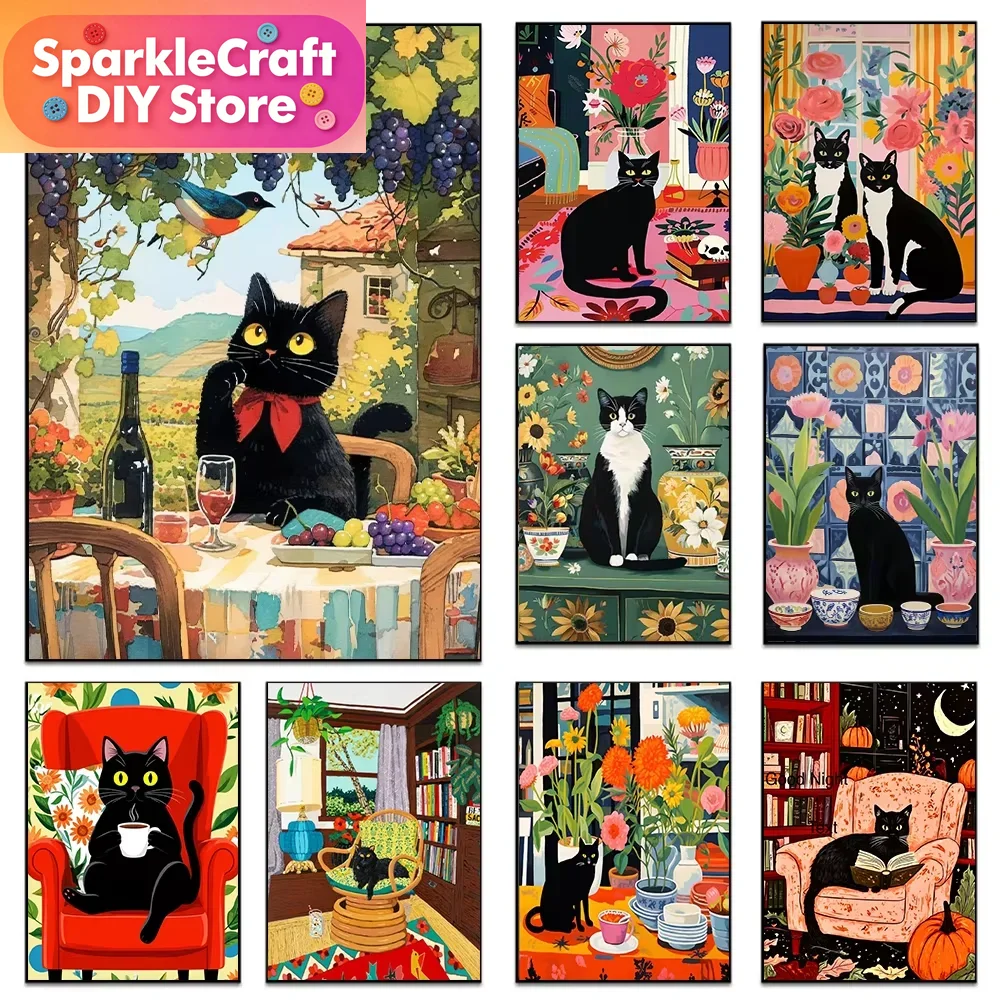 Embroidery Room - 1pc frameless Cartoon Black Cat Colorful