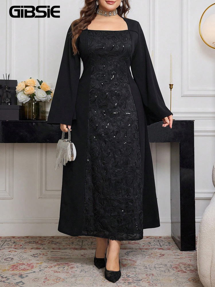 Embroidery Motif - GIBSIE Plus Size Black Long Sleeved
