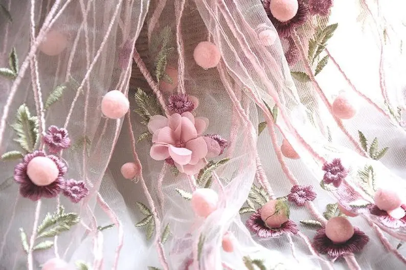 Embroidery Veil - 3D chiffon flower pompom embroidery Lace