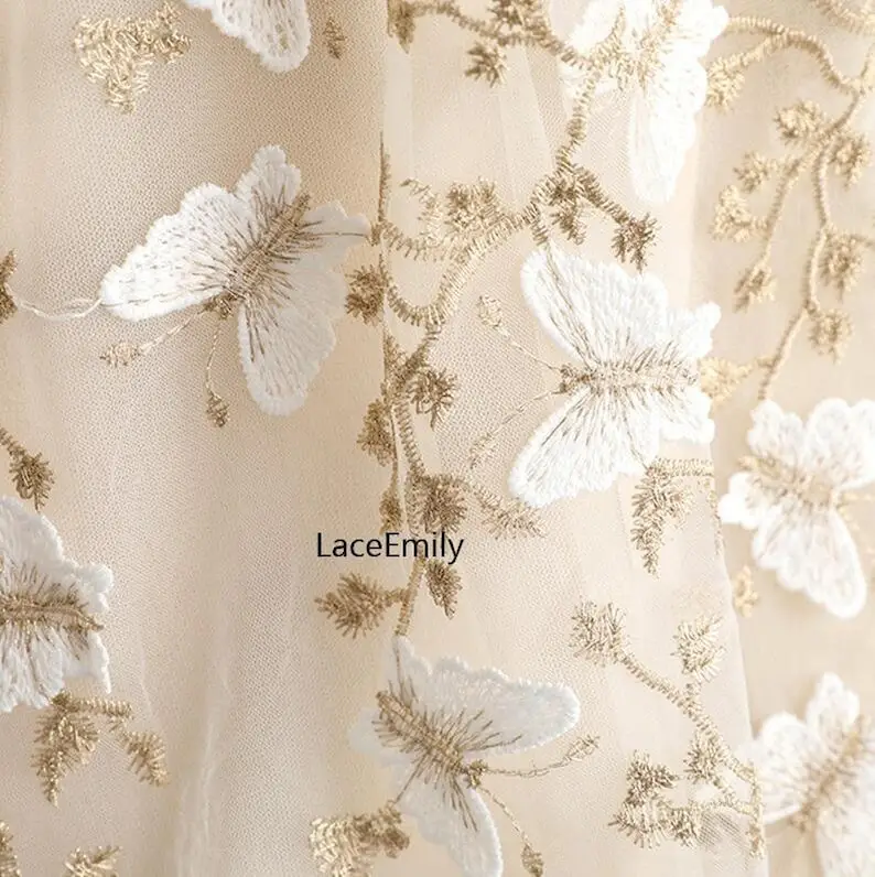 Embroidery Veil - 3D Butterfly Lace Fabric Butterfly Gold