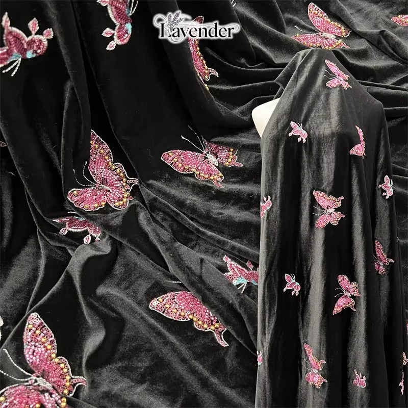 Velvet Fabric Embroidery - Black soft velvet fabric with bead