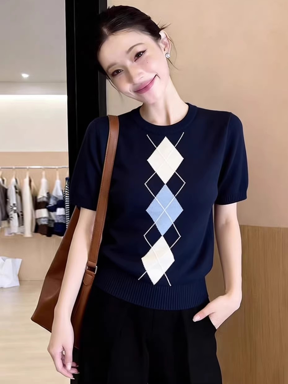 Embroidery Unique Design - Unique Design Blue Knitted round Neck