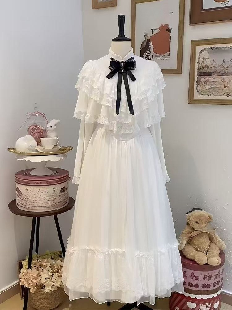 Japanese Short Sleeve Bow Lace - Embroidery White Dress ulasan dan harga