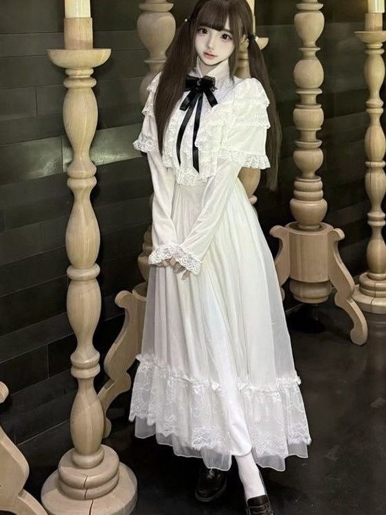 Japanese Short Sleeve Bow Lace - Embroidery White Dress ulasan dan harga