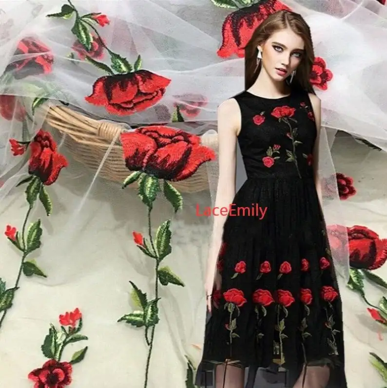 Red Rose Lace Fabric flower em - Embroidery Veil ulasan dan harga