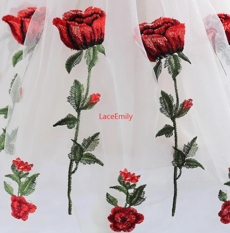 Red Rose Lace Fabric flower em - Embroidery Veil ulasan dan harga