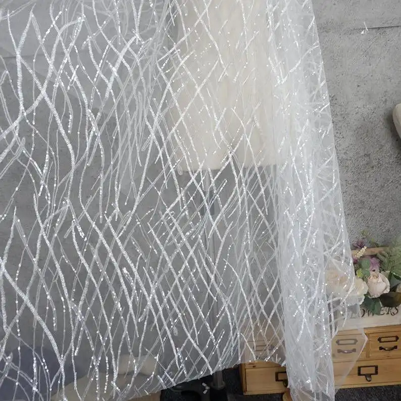 Heavy Sequins Lace fabric Flow - Embroidery Veil ulasan dan harga